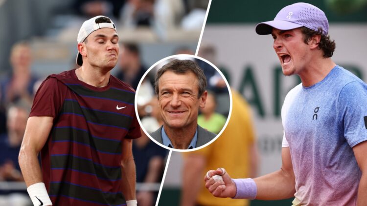 Split image of Jack Draper reacting during his win over Gael Monfils at the 2025 French Open, image of Joao Fonseca celebrating a point during his ...