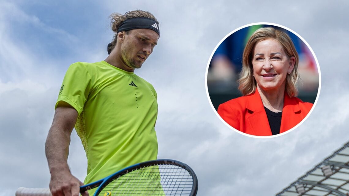 Image of Alexander Zverev reacting during his second-round win at the 2025 French Open, inset of Chris Evert looking on during the 2024 French Open...