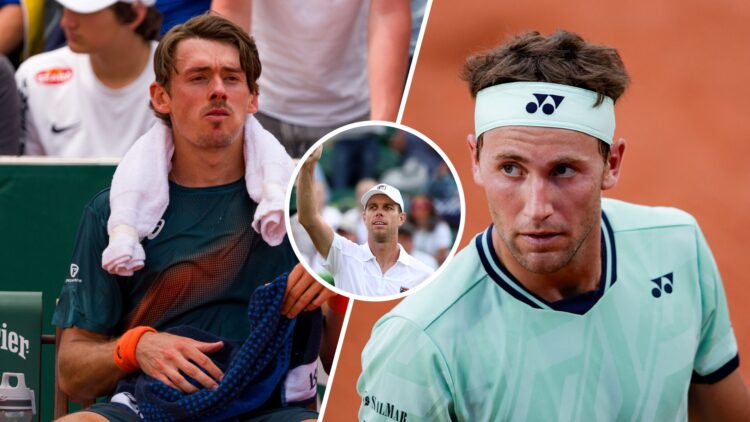 Split image of Alex de Minaur looking on during his defeat to Alexander Bublik at the 2025 French Open, image of Casper Ruud reacting during his de...