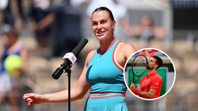 Aryna Sabalenka (L) speaking after her win at the Frenh Open, Novak Djokovic (R) reacting to a point at the French Open
