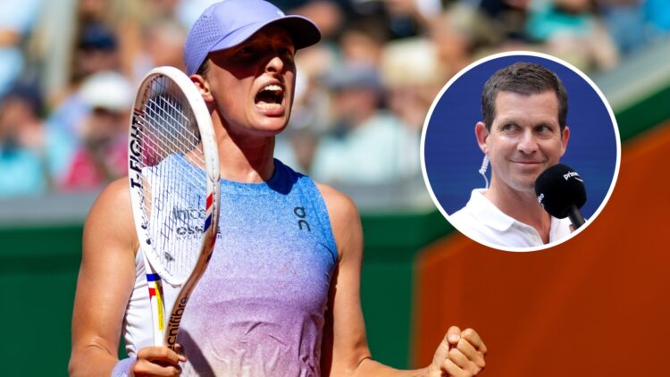 Image of Iga Swiatek celebrating her win over Jaqueline Cristian at the 2025 French Open, inset of Tim Henman holding a microphone at the 2021 US O...