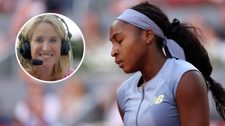 Image of Coco Gauff reacting with disappointment during her 2025 Madrid Open final defeat to Aryna Sabalenka, inset of Tracy Austin smiling while w...