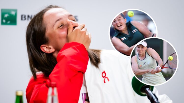 Image of Iga Swiatek laughing during a 2025 French Open press conference, inset of Elena Rybakina returning a ball to Jelena Ostapenko during their...