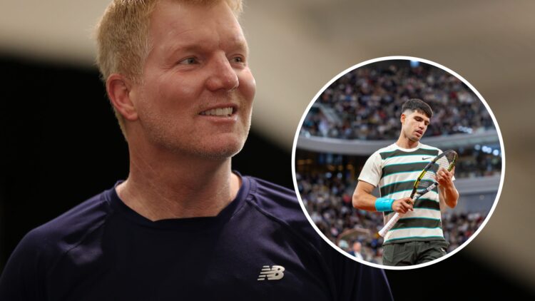 Jim Courier (left) smiles and Carlos Alcaraz (right) looks at his racket in circle overlay