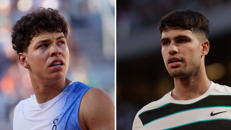 Ben Shelton (L) at the French Open, Carlos Alcaraz (R) at the French Open