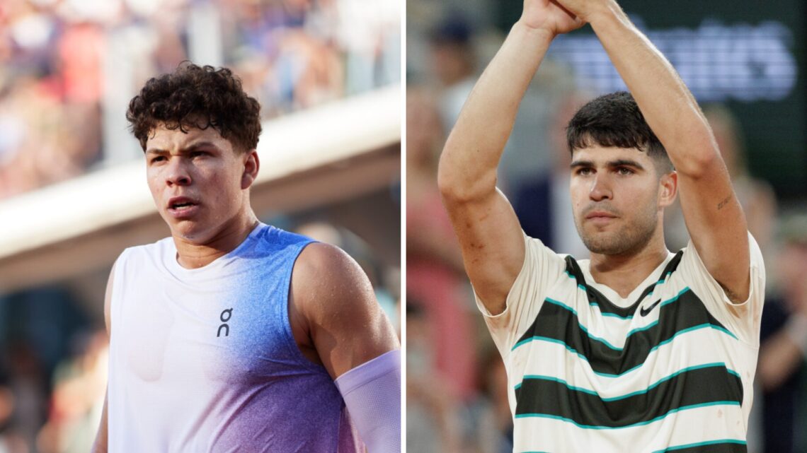 Ben Shelton (L) at the French Open, Carlos Alcaraz (R) celebrating at the French Open.