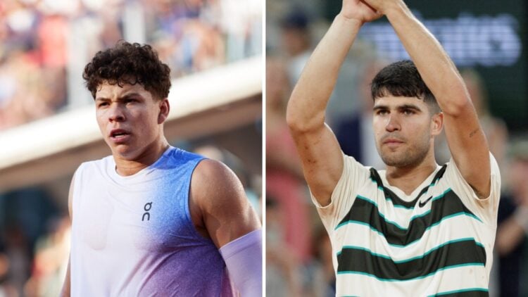 Ben Shelton (L) at the French Open, Carlos Alcaraz (R) celebrating at the French Open.