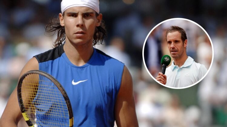 Image of Rafael Nadal looking on during the 2006 French Open, inset of Richard Gasquet speaking after retiring from tennis at the 2025 French Open