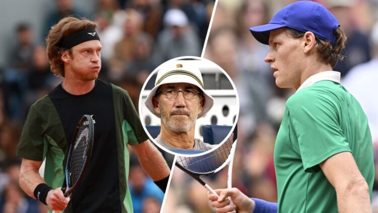Split image of Andrey Rublev celebrating during his win over Lloyd Harris at the 2025 French Open, image of Jannik Sinner celebrating during his wi...