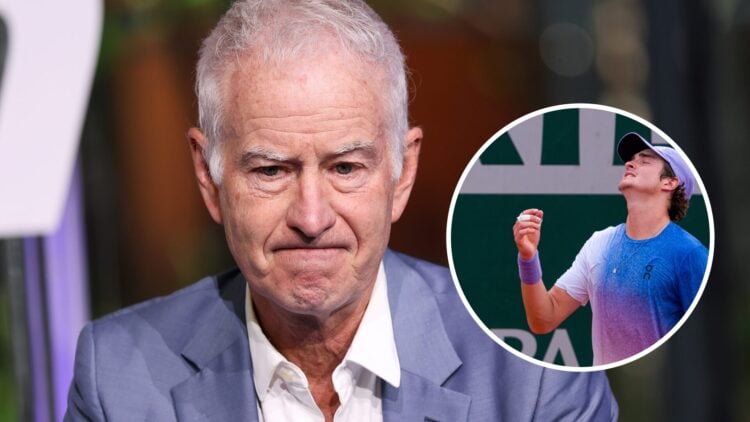 John McEnroe (left) looks concerned and Joao Fonseca (right) in a circle overlay looks downbeat