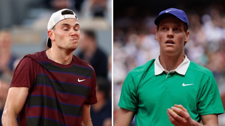 Jack Draper (L) reacting to a point at the French Open, Jannik Sinner (R) looking to the French Open crowd