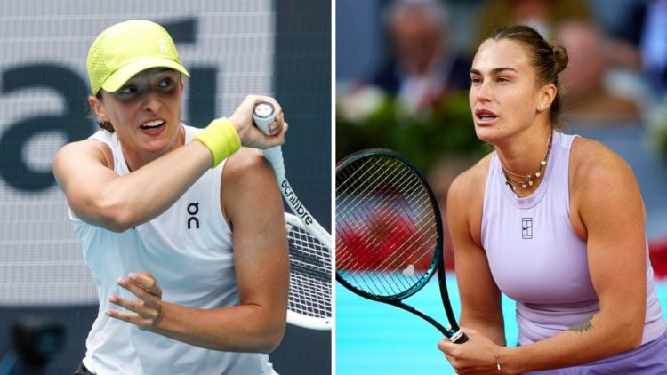 Split image of Iga Swiatek hitting a forehand against Elise Mertens at the 2025 Miami Open, image of Aryna Sabalenka looking on during her match ag...