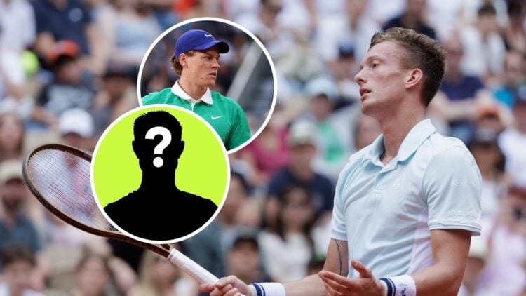 Image of Jiri Lehecka reacting during his defeat to Jannik Sinner at the 2025 French Open, inset of Jannik Sinner looking on during his win over Ar...