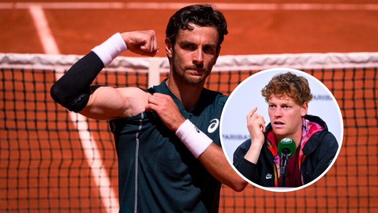 Lorenzo Musetti (L) at the French Open, Jannik Sinner (R) at a press conference