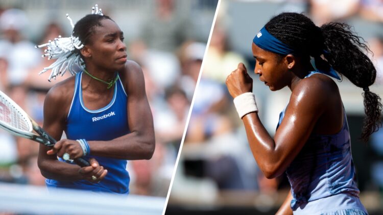 Split image of Venus Williams in action at the 1999 US Open, image of Coco Gauff celebrating during her win over Marie Bouzkova at the 2025 French ...