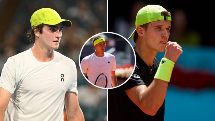 Split image of Joao Fonseca (L) plays at the 2025 Miami Open, Jakub Mensik (R) plays at the 2025 Madrid Open, inset Alexander Zverev plays at the 2...