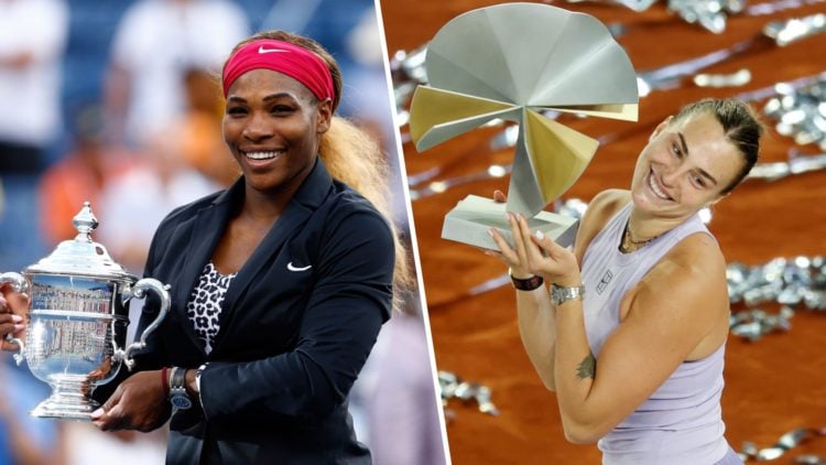 Serena Williams (L) holding the 2014 US Open title, Aryna Sabalenka (R) holding the Madrid Open title