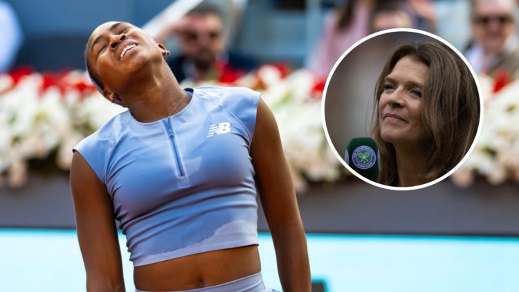 Image of Coco Gauff showing frustration during her 2025 Madrid Open final defeat to Aryna Sabalenka, inset of Annabel Croft during a post-match int...