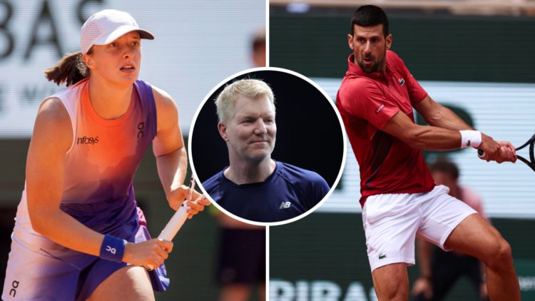 Split image of Iga Swiatek waiting to return a shot against Coco Gauff at the 2024 French Open, image of Novak Djokovic hitting a backhand against ...