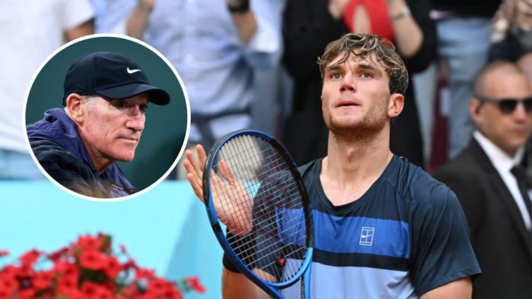 Image of Jack Draper celebrating his victory against Matteo Arnaldi in the semi-finals of the 2025 Madrid Open, inset of Brad Gilbert watching Coco...