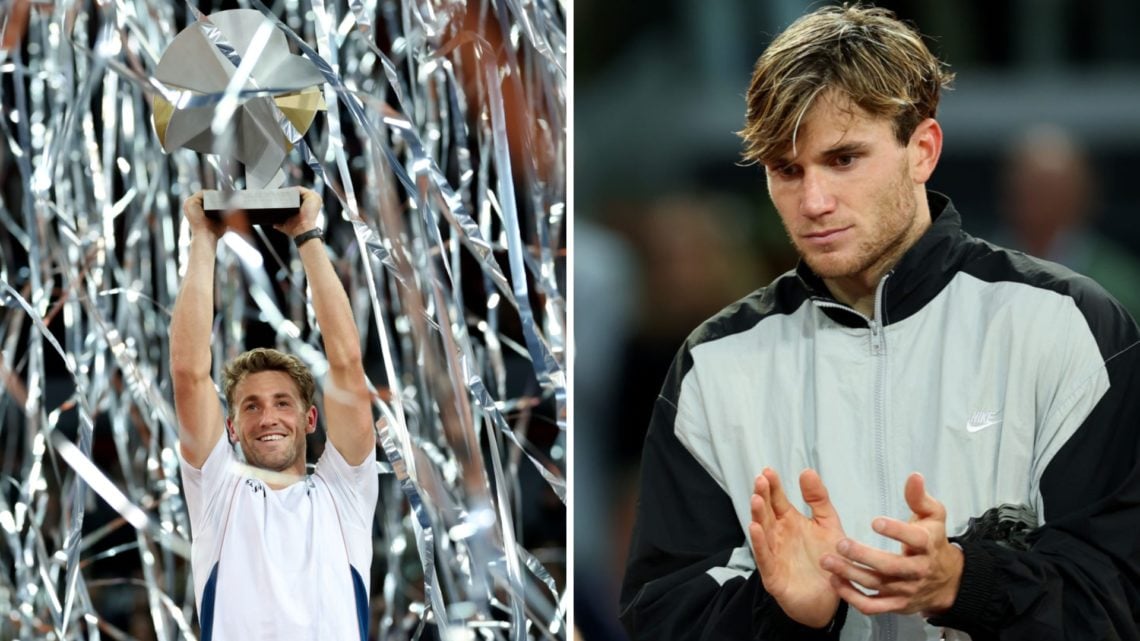Image of Casper Ruud celebrating with the Madrid Open title after beating Jack Draper in the 2025 Madrid Open final, inset of Jack Draper clapping ...