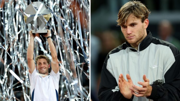 Image of Casper Ruud celebrating with the Madrid Open title after beating Jack Draper in the 2025 Madrid Open final, inset of Jack Draper clapping ...