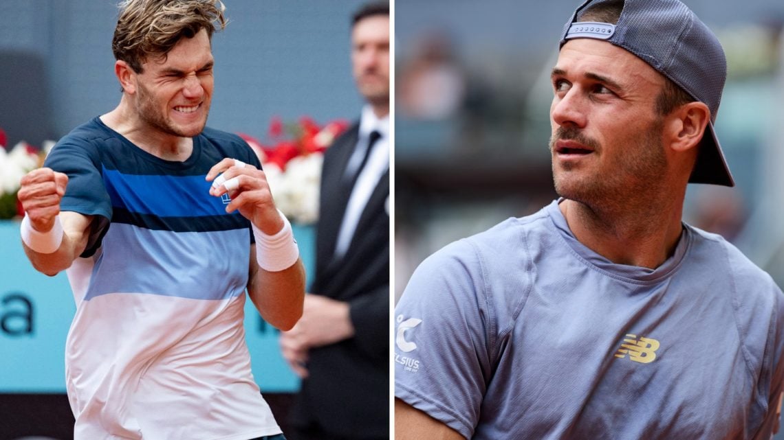 Split image of Jack Draper of Great Britain celebrates victory in his Men's Singles Round of 16 match against Tommy Paul of USA during the Mutua Ma...