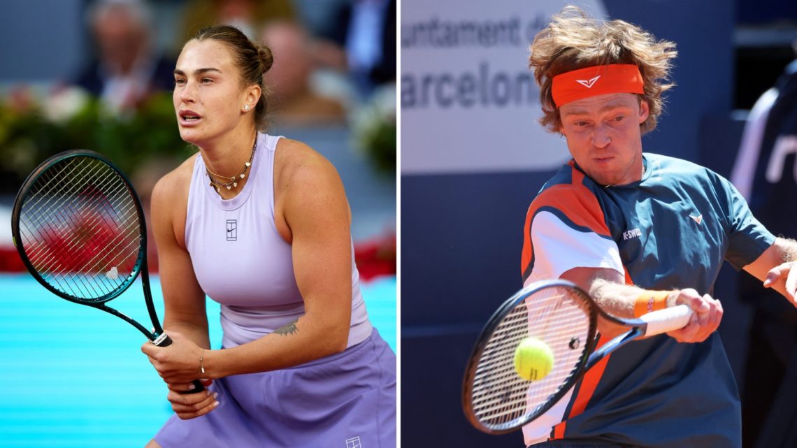 Split image of Aryna Sabalenka (L) playing at the 2025 Madrid Open, Andrey Rublev (R) playing at the 2025 Barcelona Open