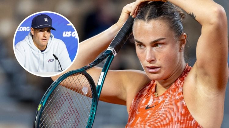 Image of Aryna Sabalenka reacting during her match against Erika Andreeva at the 2024 French Open, inset of John Isner attending a press conference...