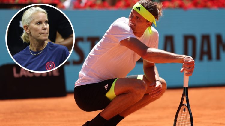 Image of Alexander Zverev reacting to point against Alejandro Davidovich Fokina at the 2025 Madrid Open, inset of Rennae Stubbs looking on during t...