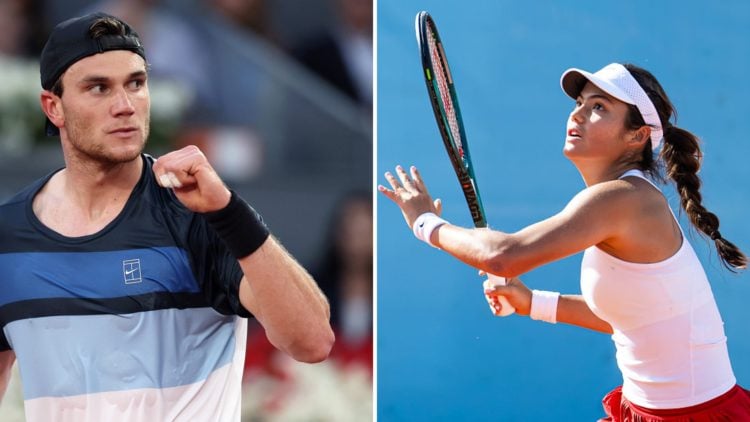 Split image of Jack Draper (L) celebrating a point at the 2025 Madrid Open, Emma Raducanu (R) playing a point at the 2025 Madrid Open