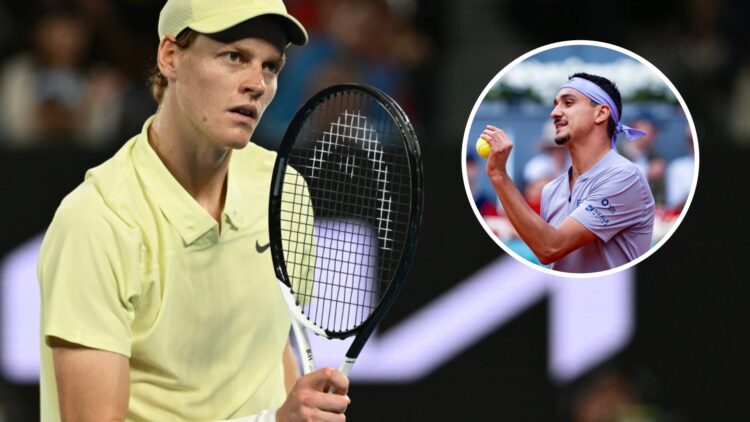 Image of Jannik Sinner celebrating a point against Alexander Zverev in the final of the 2025 Australian Open, inset of Lorenzo Sonego gesturing aft...