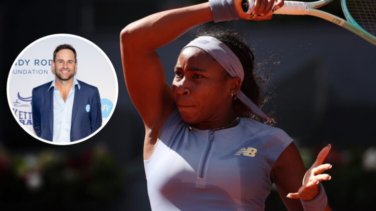Image of Coco Gauff hitting a forehand against Iga Swiatek in their semi-final match at the 2025 Madrid Open, inset of Andy Roddick speaking at the...