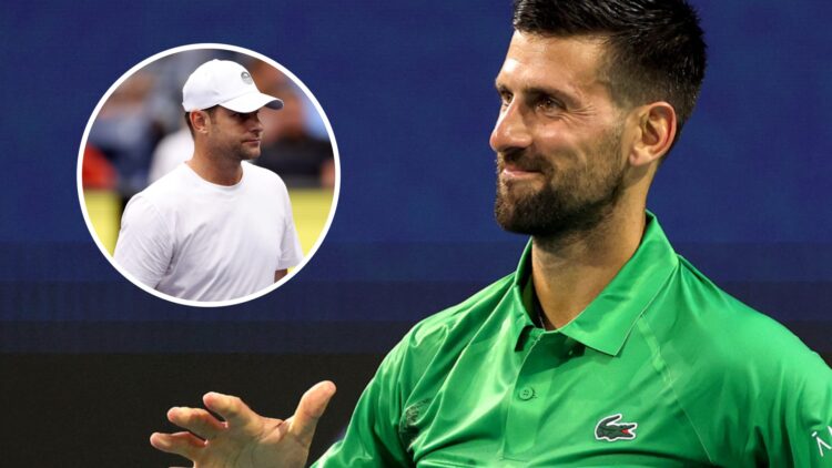 Image of Novak Djokovic making a gesture during his match against Lorenzo Musetti at the 2025 Miami Open, inset of Andy Roddick walking on court ah...