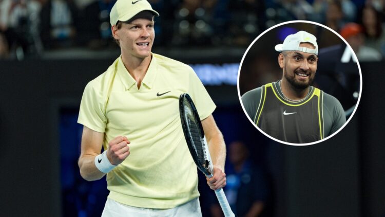 Jannik Sinner celebrates at the 2025 Australian Open, inset Nick Kyrgios reacts during the 2025 Australian Open
