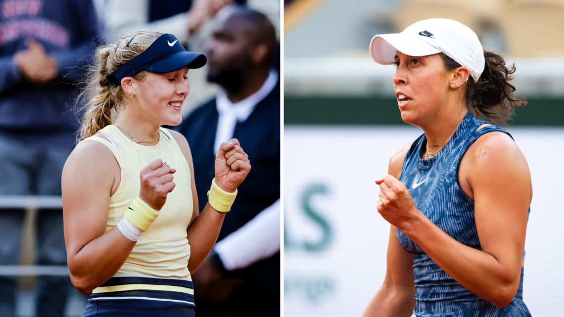 Split image of Mirra Andreeva celebrating after her match against Aryna Sabalenka at the 2024 French Open, image of Madison Keys in action against ...