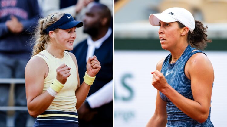 Split image of Mirra Andreeva celebrating after her match against Aryna Sabalenka at the 2024 French Open, image of Madison Keys in action against ...