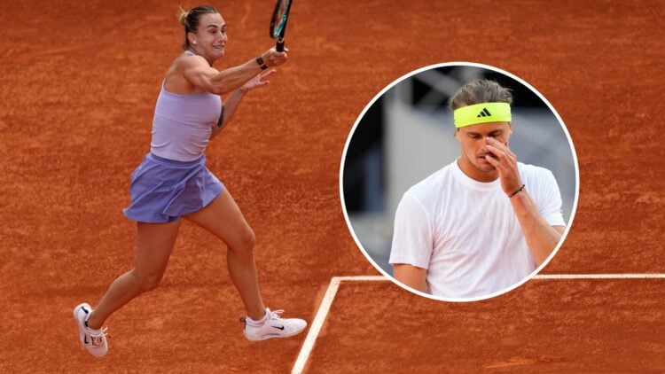 Aryna Sabalenka plays in the final of the 2025 Madrid Open, inset Alexander Zverev reacts after losing in the last 16 of the 2025 Madrid Open