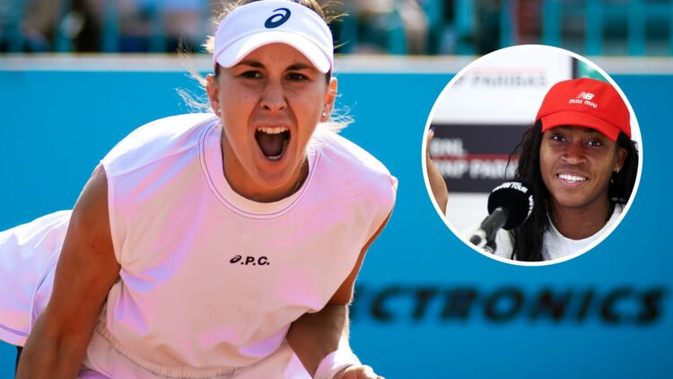 Image of Belinda Bencic celebrating winning match point against Beatriz Haddad Maia at the 2025 Madrid Open, inset of Coco Gauff answering question...