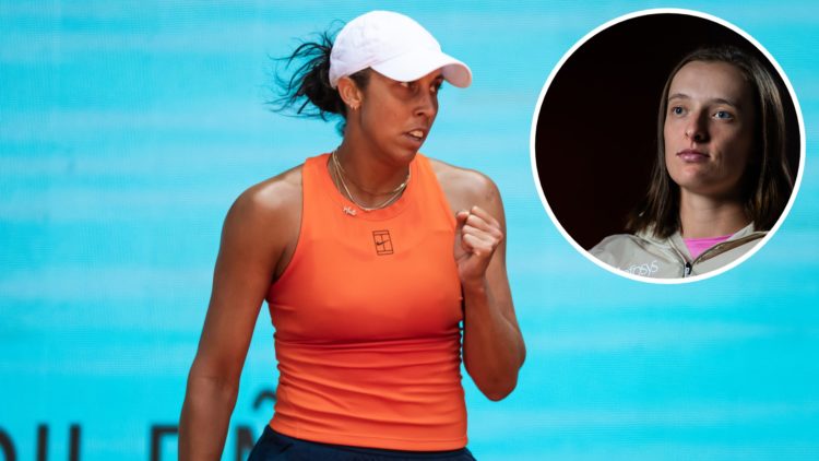 Madison Keys of the United States in action against Donna Vekic of Croatia in the fourth round on Day Eight of the Mutua Madrid Open at La Caja Mag...