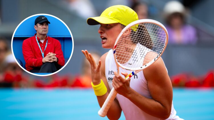 Image of Iga Swiatek showing frustration during her 2025 Madrid Open win over Madison Keys, inset of Paul Annacone watching Sloane Stephens play Ca...