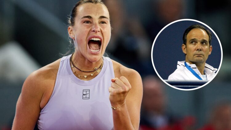 Image of Aryna Sabalenka celebrating a point against Marta Kostyuk at the 2025 Madrid Open, inset of Paul Annacone watching Roger Federer play Robi...