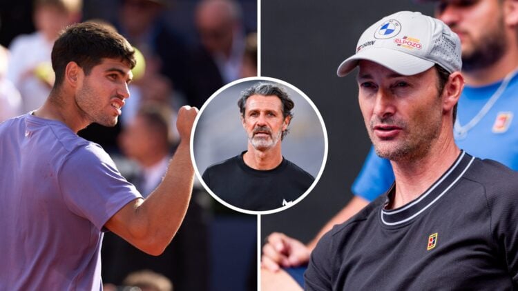 Split image of Carlos Alcaraz celebrating after beating Alex de Minaur at the 2025 Barcelona Open, image of Juan Carlos Ferrero watching Carlos Alc...
