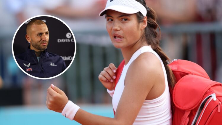 Image of Emma Raducanu walking off court after her defeat to Marta Kostyuk at the 2025 Madrid Open, inset of Dan Evans speaking at a 2024 press con...