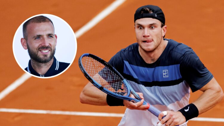Image of Jack Draper in action against Matteo Arnaldi at the 2025 Madrid Open, inset of Dan Evans looking on ahead of the 2023 United Cup