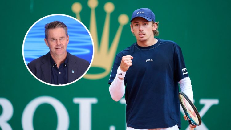 Image of Alex de Minaur celebrating after winning a point against Tomas Machac at the 2025 Monte-Carlo Masters, inset of Todd Woodbridge speaking d...