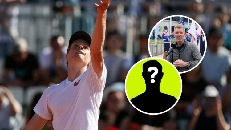 Image of Jannik Sinner preparing to serve during a training session ahead of the 2025 Italian Open, inset of Jim Courier speaking during the openin...