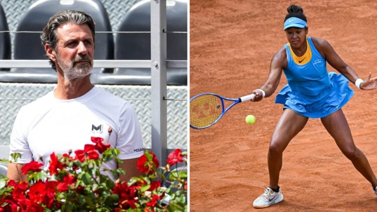 Split image of Patrick Mouratoglou watching on during Naomi Osaka's second round win at the Italian Open, image of Naomi Osaka hitting a forehand d...