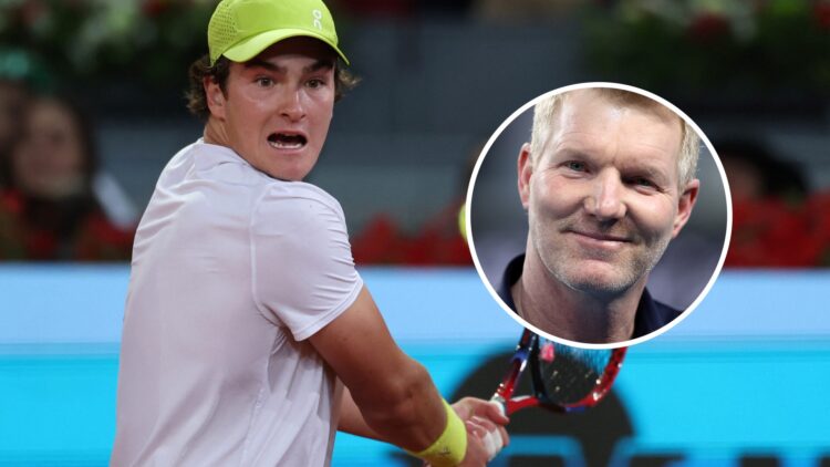 Joao Fonseca (R) playing at the Madrid Open, Jim Courier (R) smiling at the Australian Open
