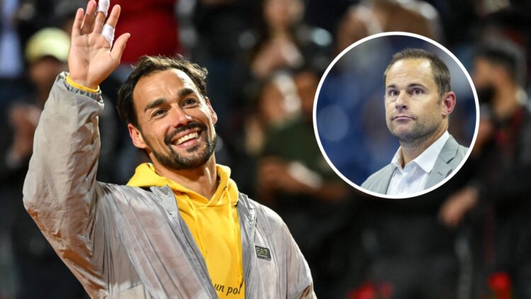 Image of Fabio Fognini waving to the crowd after his final match at the Italian Open against Jacob Fearnley, inset of Andy Roddick looking on durin...